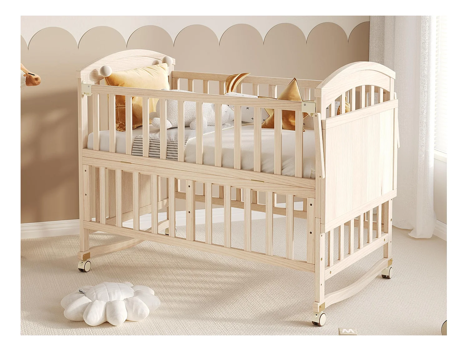 Cuna de madera 124x70x96 cm - extensible y móvil - con cambiador/estante plegable - Natural (colchón no incluido)