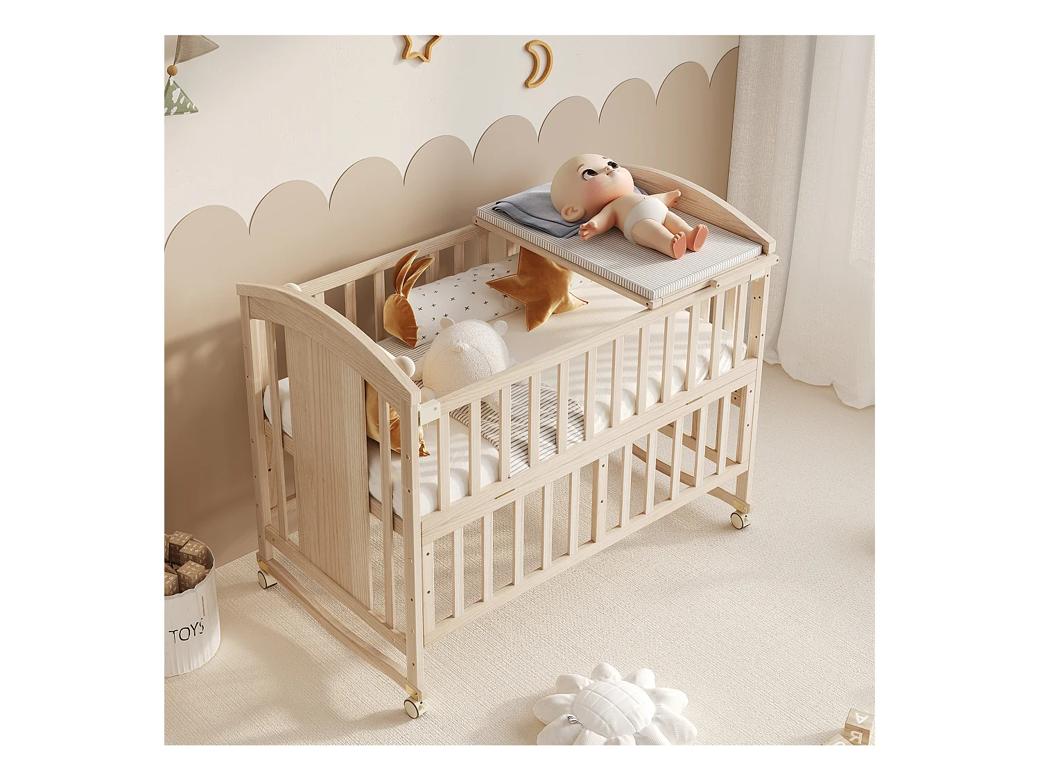 Cuna de madera 124x70x96 cm - extensible y móvil - con cambiador/estante plegable - Natural (colchón no incluido)