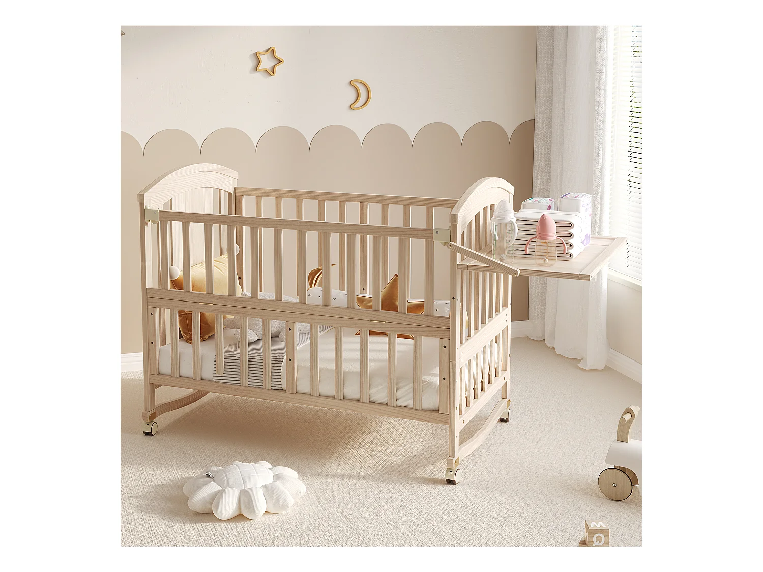 Cuna de madera 124x70x96 cm - extensible y móvil - con cambiador/estante plegable - Natural (colchón no incluido)