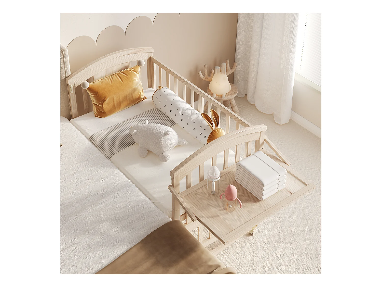 Cuna de madera 124x70x96 cm - extensible y móvil - con cambiador/estante plegable - Natural (colchón no incluido)