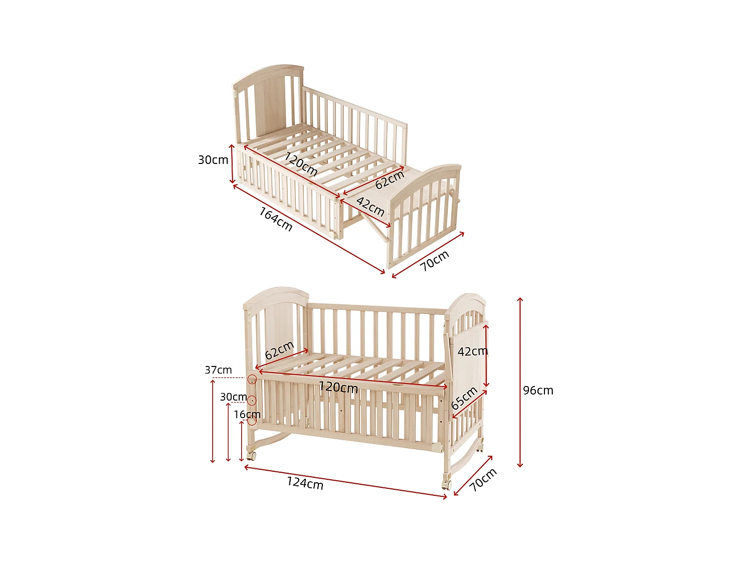 Cuna de madera 124x70x96 cm - extensible y móvil - con cambiador/estante plegable - Natural (colchón no incluido)
