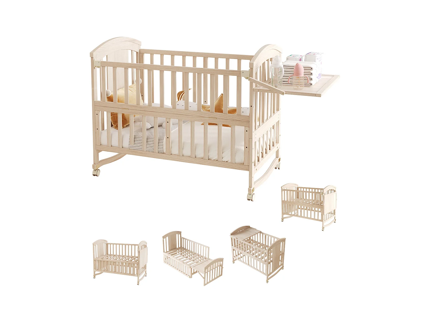 Cuna de madera 124x70x96 cm - extensible y móvil - con cambiador/estante plegable - Natural (colchón no incluido)