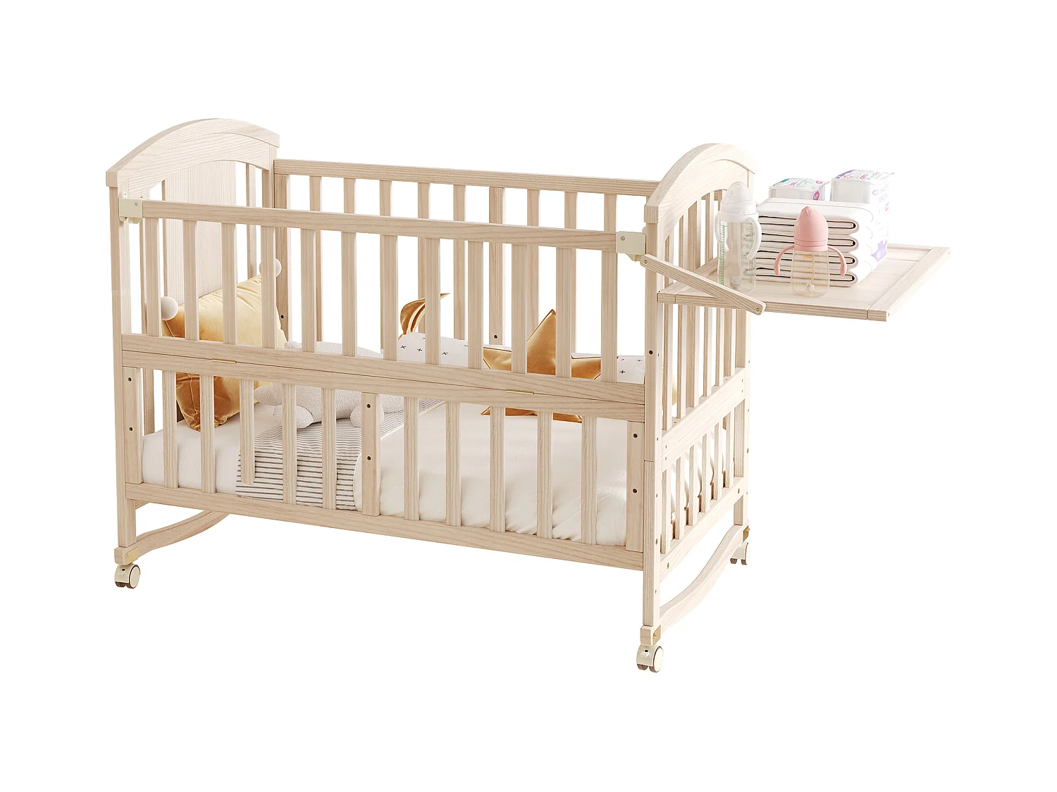 Cuna de madera 124x70x96 cm - extensible y móvil - con cambiador/estante plegable - Natural (colchón no incluido)