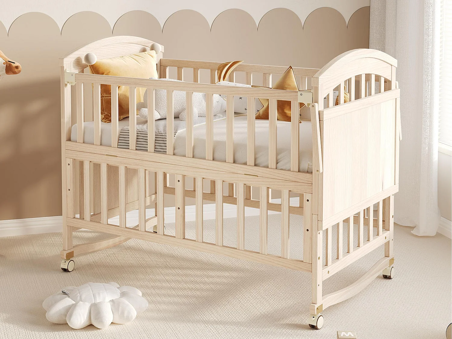 Lit bébé en bois 124x70x96 cm - extensible et mobile - avec table à langer/ étagère de rangement pliable - Naturel (matelas non inclus)