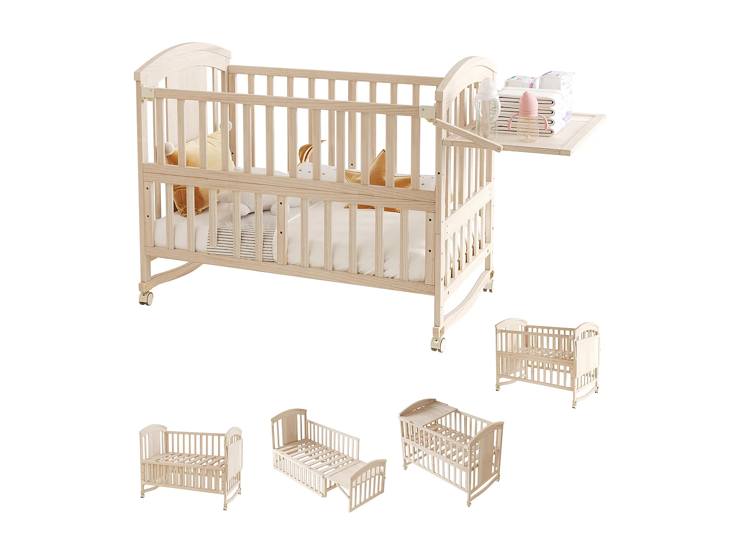 Lit bébé en bois 124x70x96 cm - extensible et mobile - avec table à langer/ étagère de rangement pliable - Naturel (matelas non inclus)