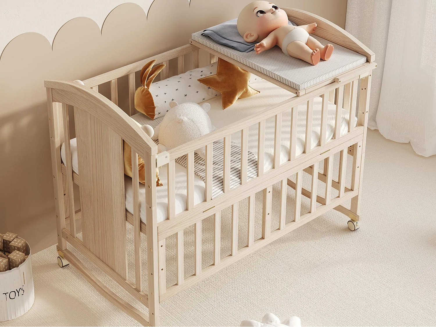 Lit bébé en bois 120x60x95 cm - extensible et mobile - avec table à langer/ étagère de rangement pliable - Naturel (matelas non inclus)