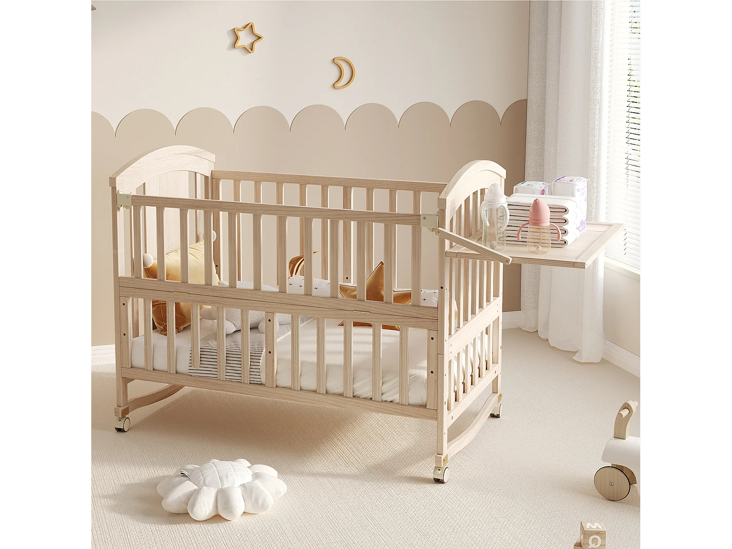 Lit bébé en bois 120x60x95 cm - extensible et mobile - avec table à langer/ étagère de rangement pliable - Naturel (matelas non inclus)
