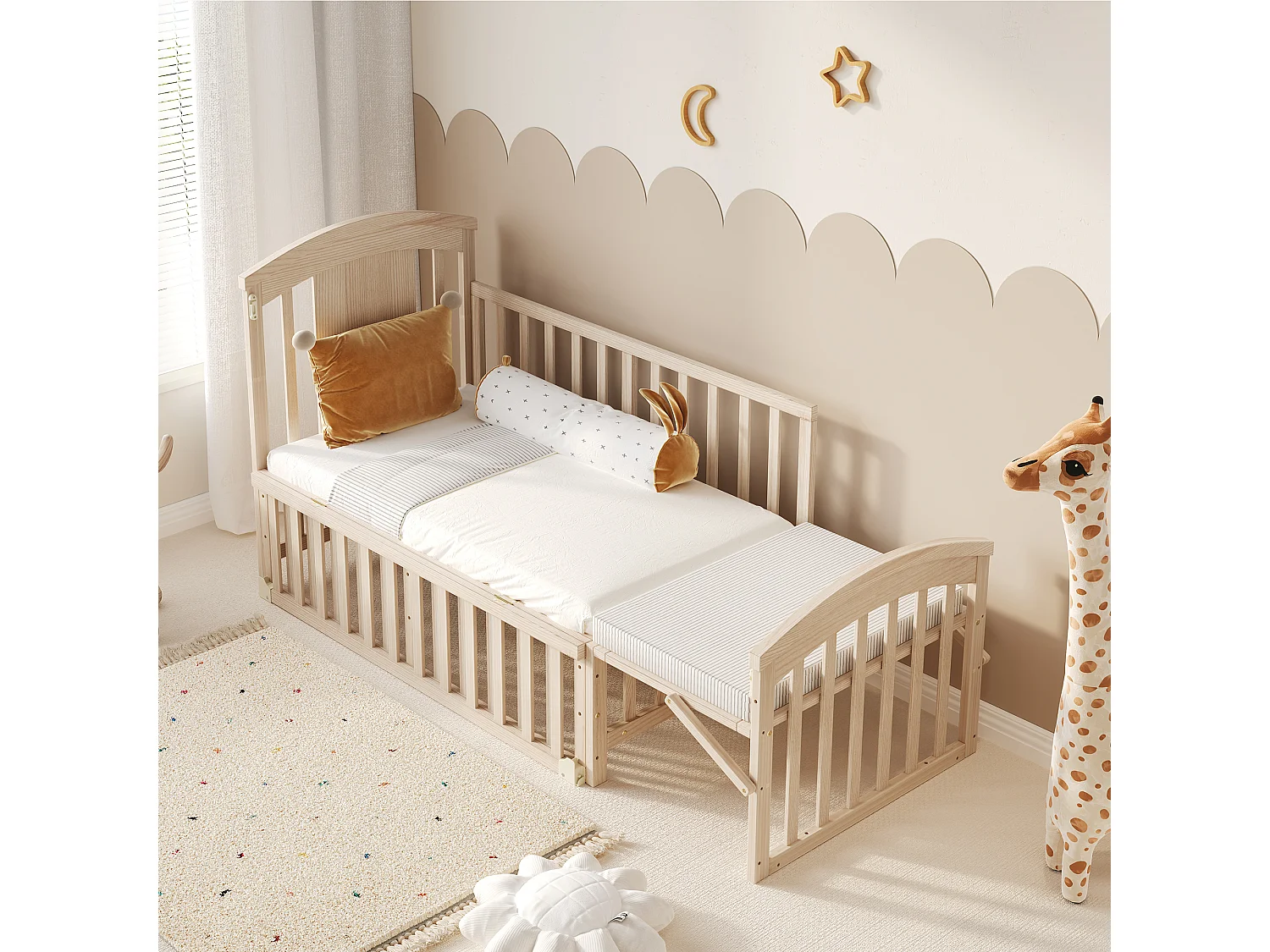 Lit bébé en bois 120x60x95 cm - extensible et mobile - avec table à langer/ étagère de rangement pliable - Naturel (matelas non inclus)