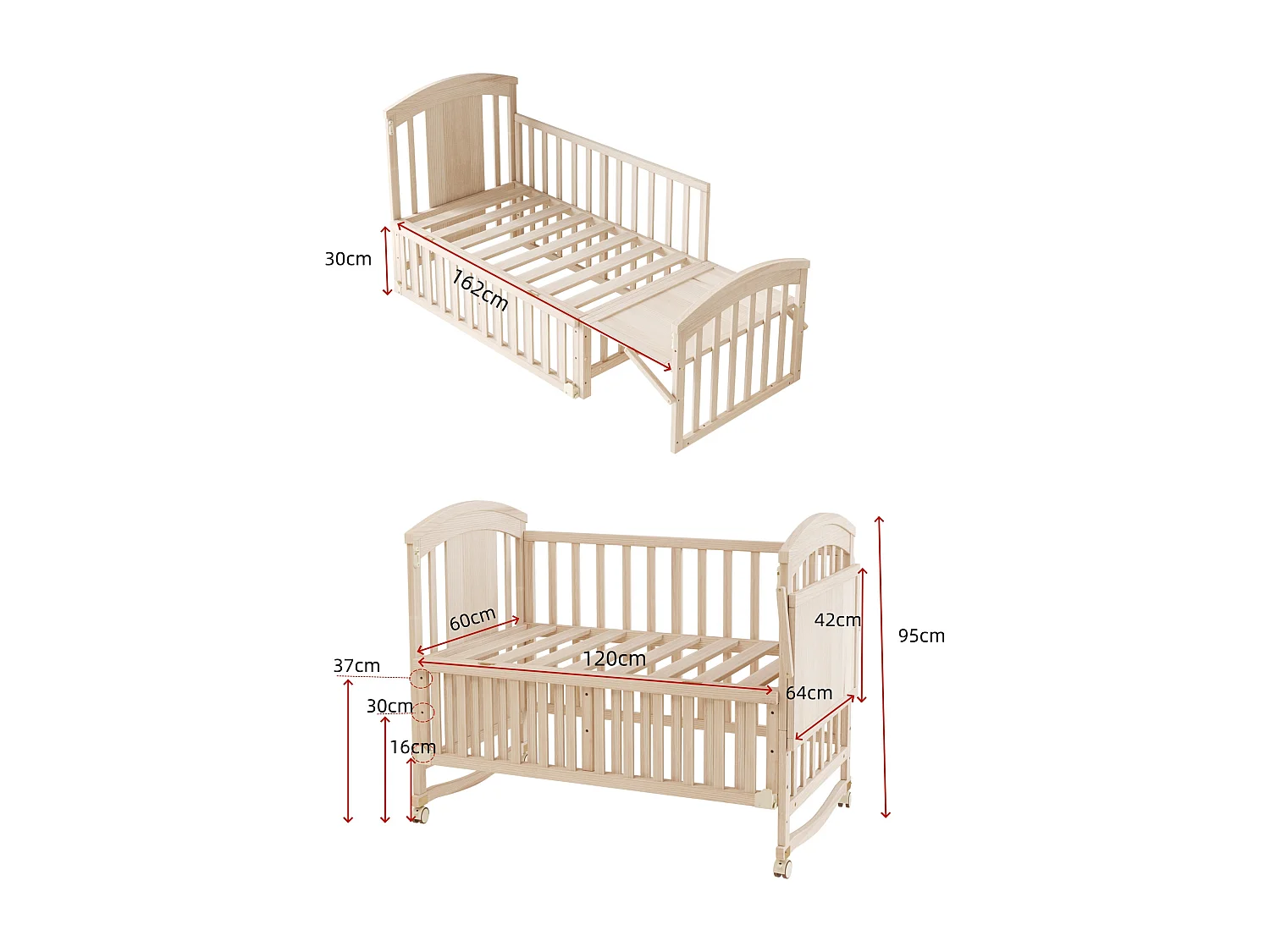 Lit bébé en bois 120x60x95 cm - extensible et mobile - avec table à langer/ étagère de rangement pliable - Naturel (matelas non inclus)