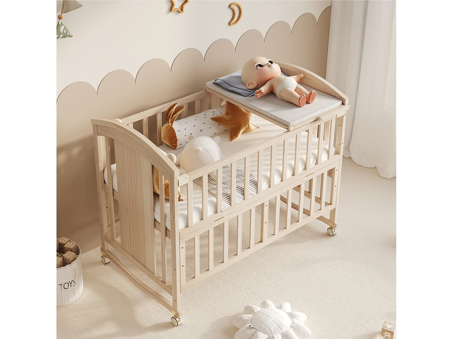 Kinderbett aus Holz 120x60x95 cm - erweiterbar und mobil - mit Wickelkommode/klappbarem Regal - Natur (Matratze nicht inbegriffen)