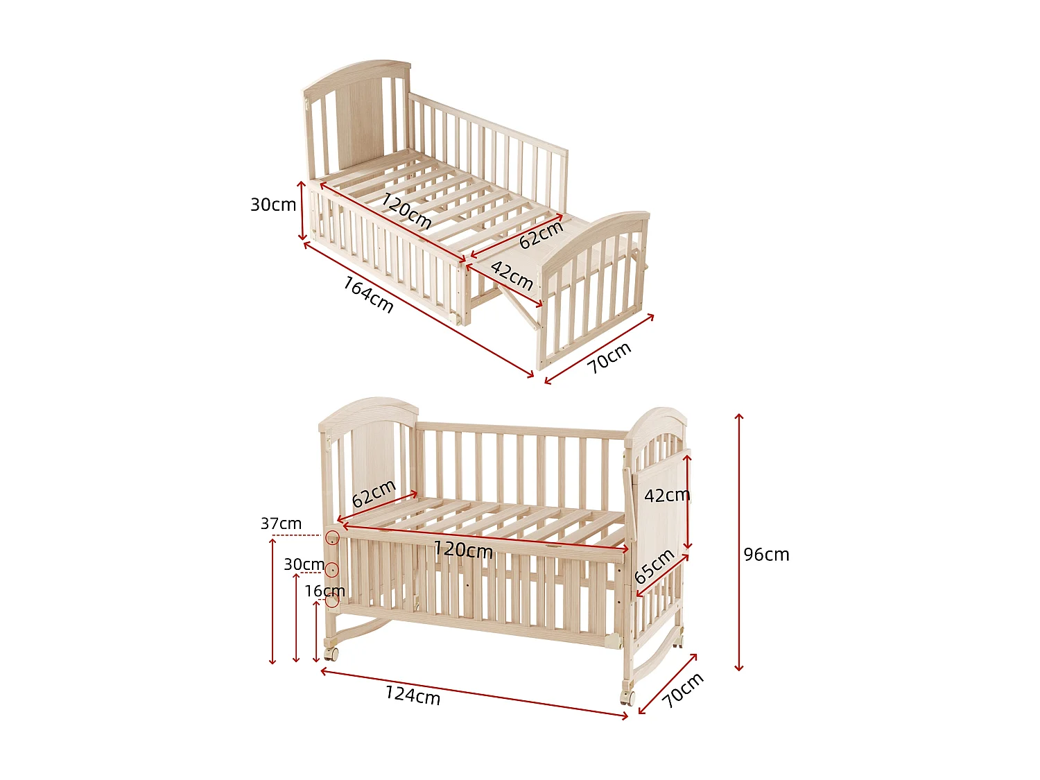 Kinderbett aus Holz 120x60x95 cm - erweiterbar und mobil - mit Wickelkommode/klappbarem Regal - Natur (Matratze nicht inbegriffen)