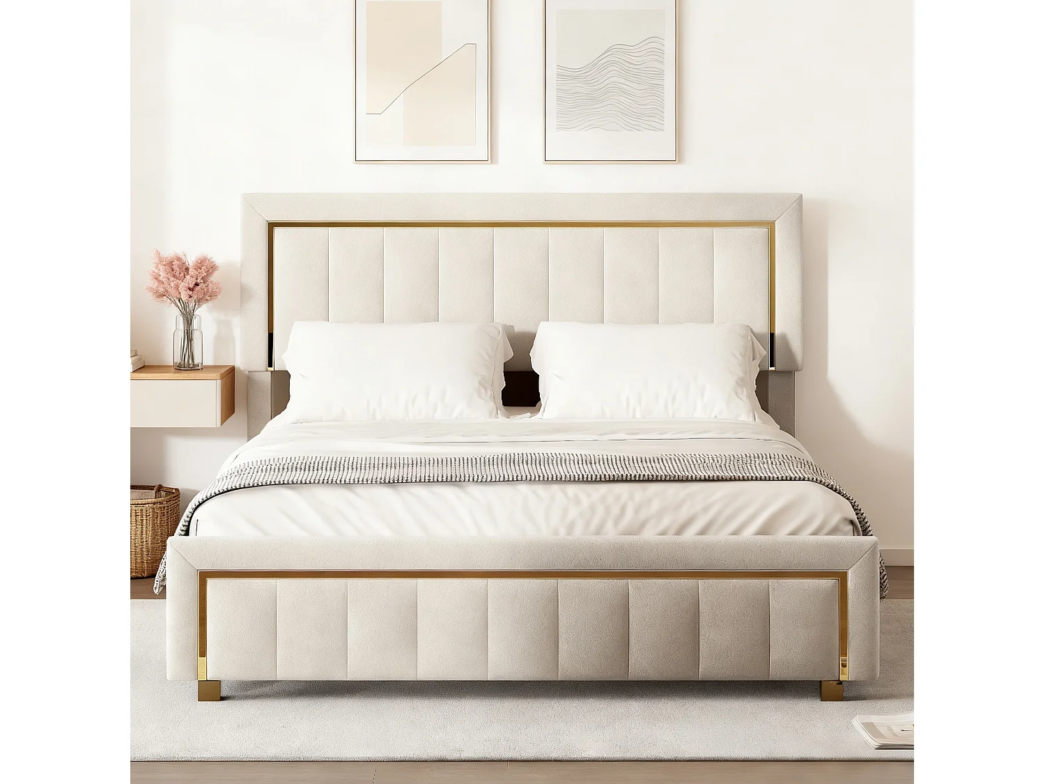 Lit lignes verticales 160x200 cm avec sommier à lattes - Lit double 160x200 coffre rangement soldes - cadre de lit 160x200 cm - tissu en velours - blanc cassé