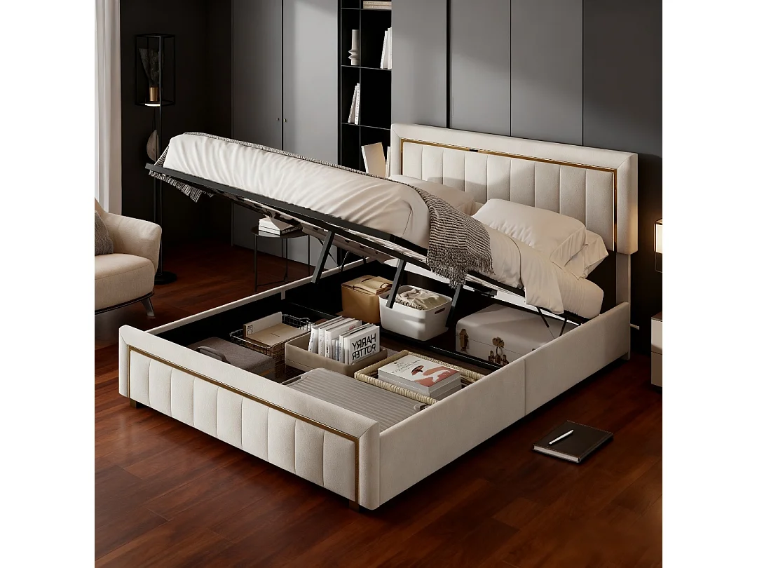 Lit lignes verticales 160x200 cm avec sommier à lattes - Lit double 160x200 coffre rangement soldes - cadre de lit 160x200 cm - tissu en velours - blanc cassé