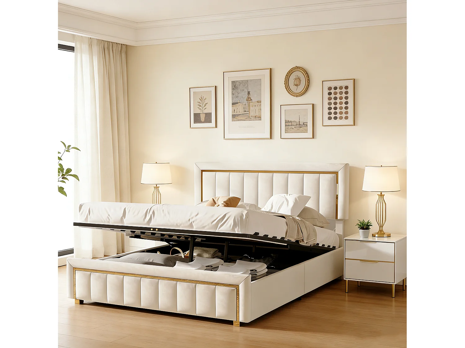 Lit adulte 160x200 cm avec sommier à lattes - Lit double 160x200 coffre rangement soldes - style scandinave - tissu en velours - blanc cassé