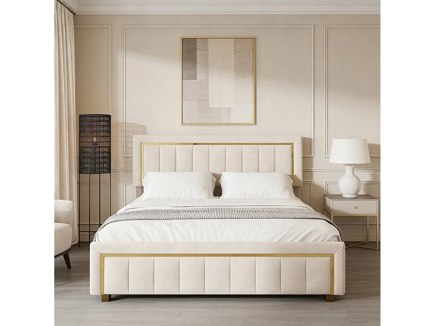 Lit adulte 160x200 cm avec sommier à lattes - Lit double 160x200 coffre rangement soldes - style scandinave - tissu en velours - blanc cassé