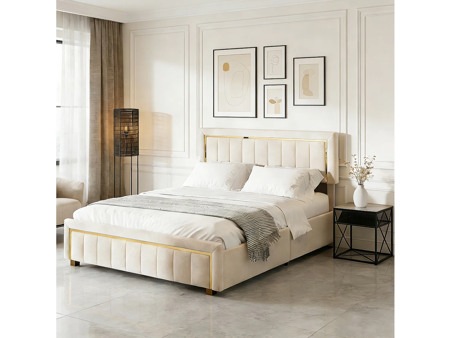 Lit adulte 160x200 cm avec sommier à lattes - Lit double 160x200 coffre rangement soldes - style scandinave - tissu en velours - blanc cassé