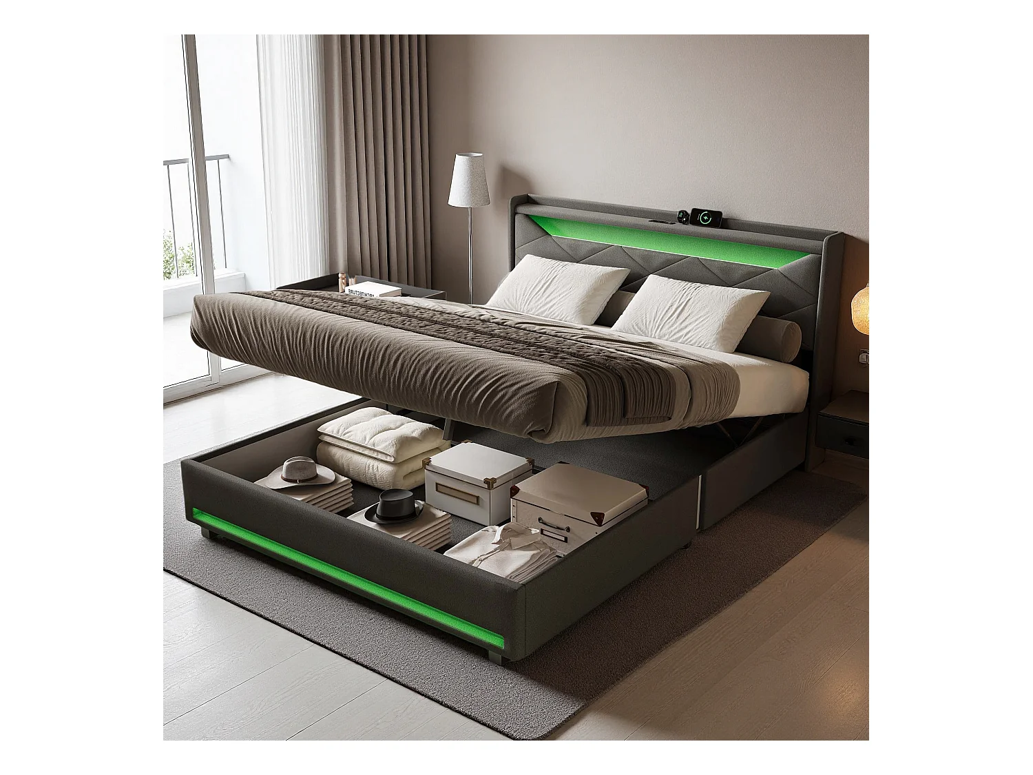 Lit coffre 140x190 avec LED - lit 140x190 avec port USB et Type C - cadre de lit adulte 140x190 cm avec sommier à lattes - tissu en lin - gris