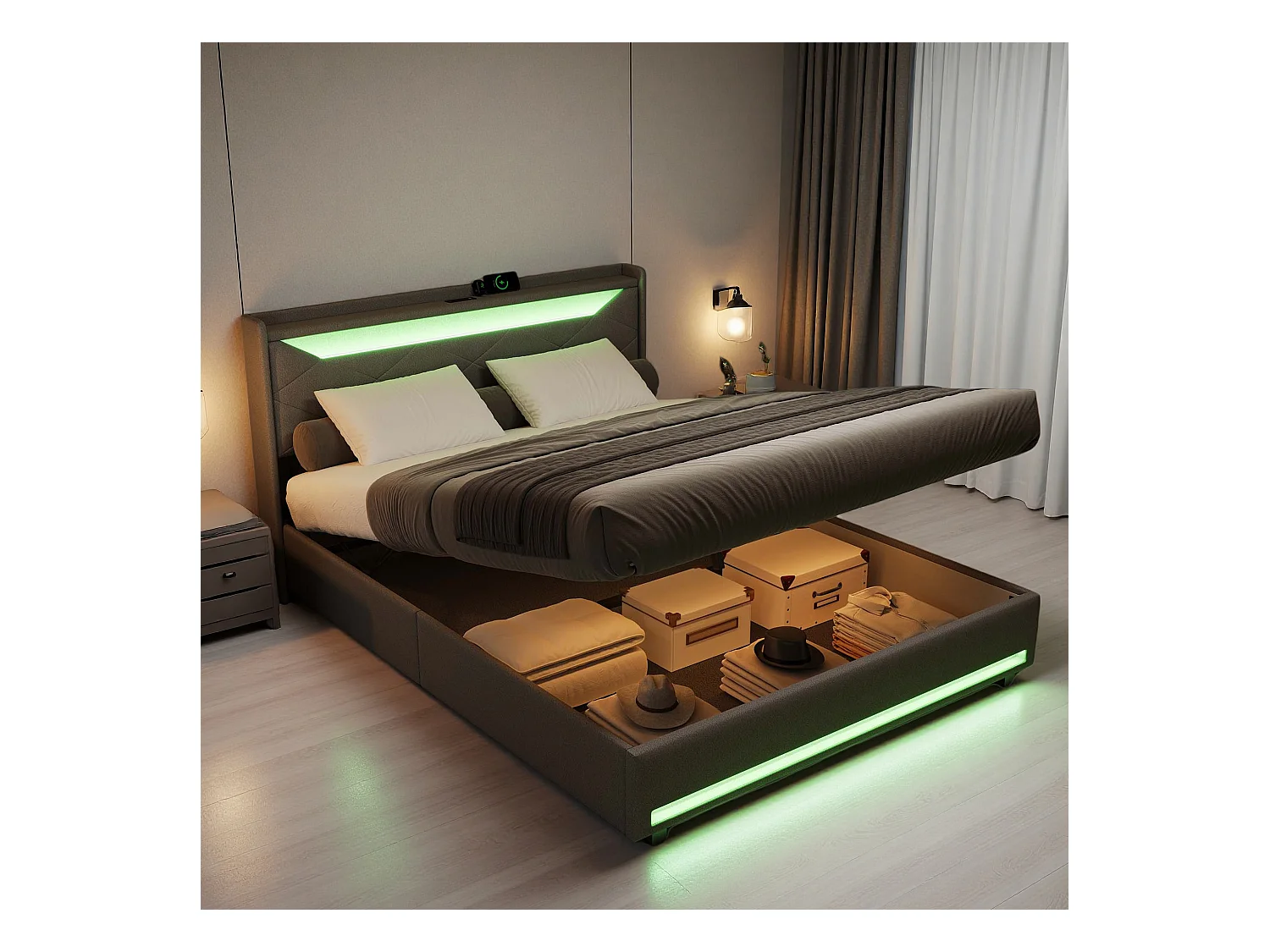 Lit coffre 140x190 avec LED - lit 140x190 avec port USB et Type C - cadre de lit adulte 140x190 cm avec sommier à lattes - tissu en lin - gris