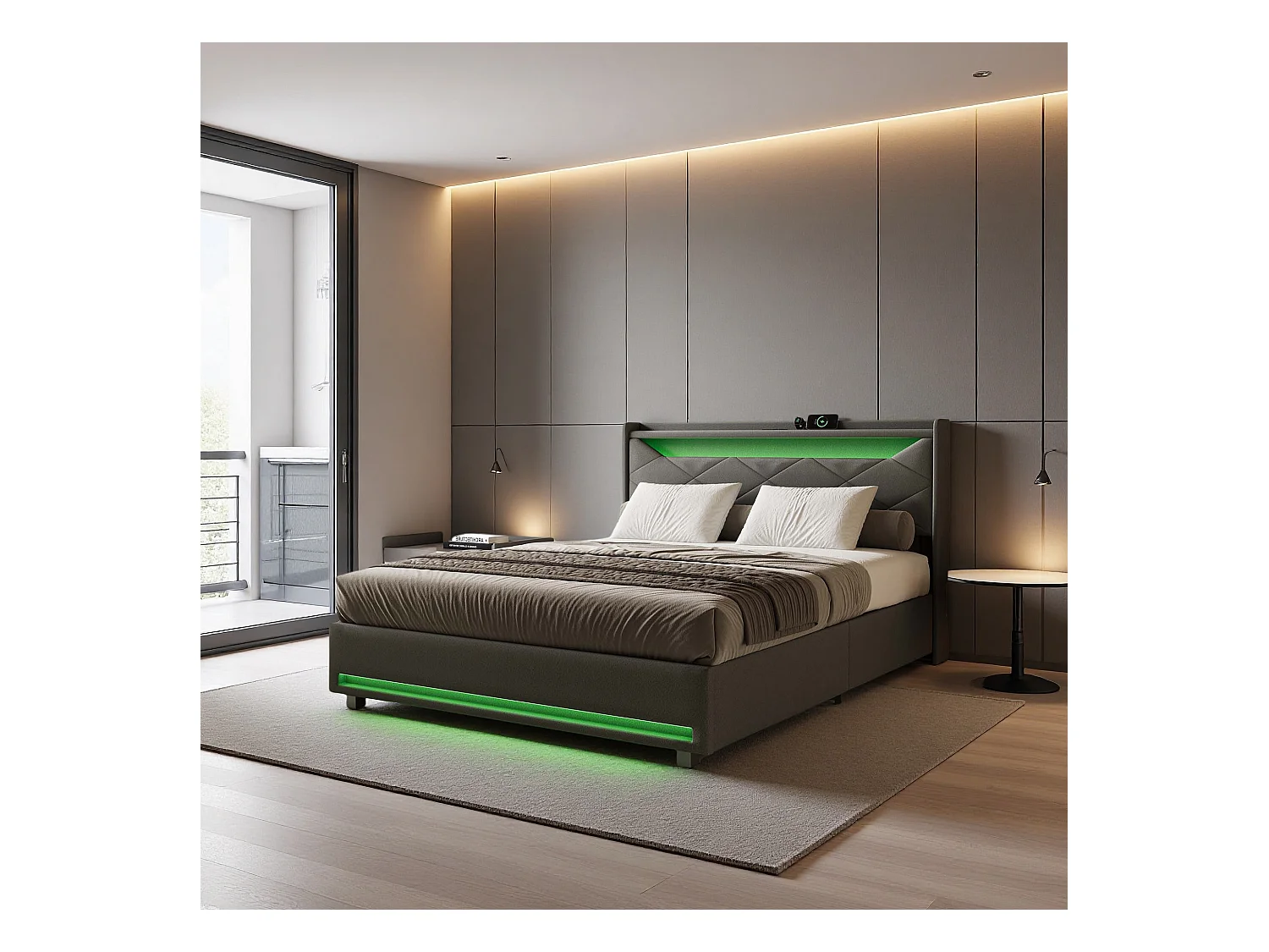 Lit coffre 140x190 avec LED - lit 140x190 avec port USB et Type C - cadre de lit adulte 140x190 cm avec sommier à lattes - tissu en lin - gris