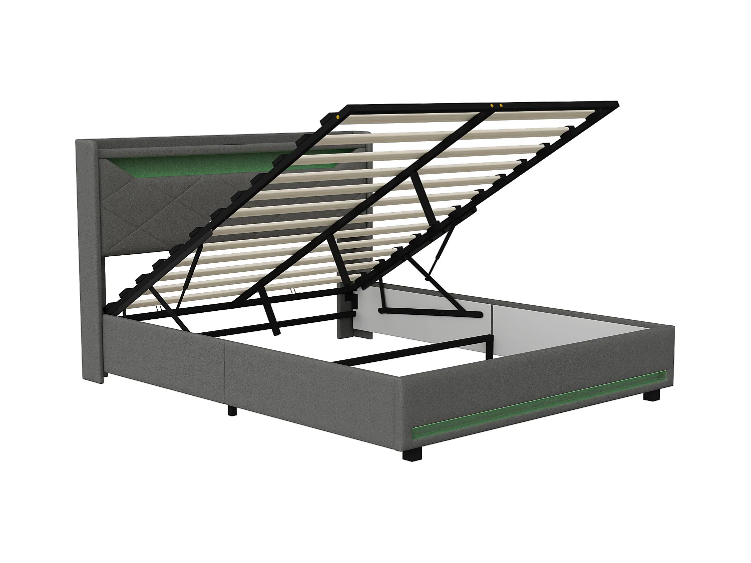 Lit coffre 140x190 avec LED - lit 140x190 avec port USB et Type C - cadre de lit adulte 140x190 cm avec sommier à lattes - tissu en lin - gris