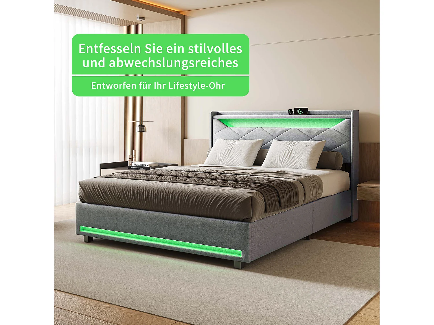 Lit coffre 140x190 avec LED - lit 140x190 avec port USB et Type C - cadre de lit adulte 140x190 cm avec sommier à lattes - tissu en lin - gris
