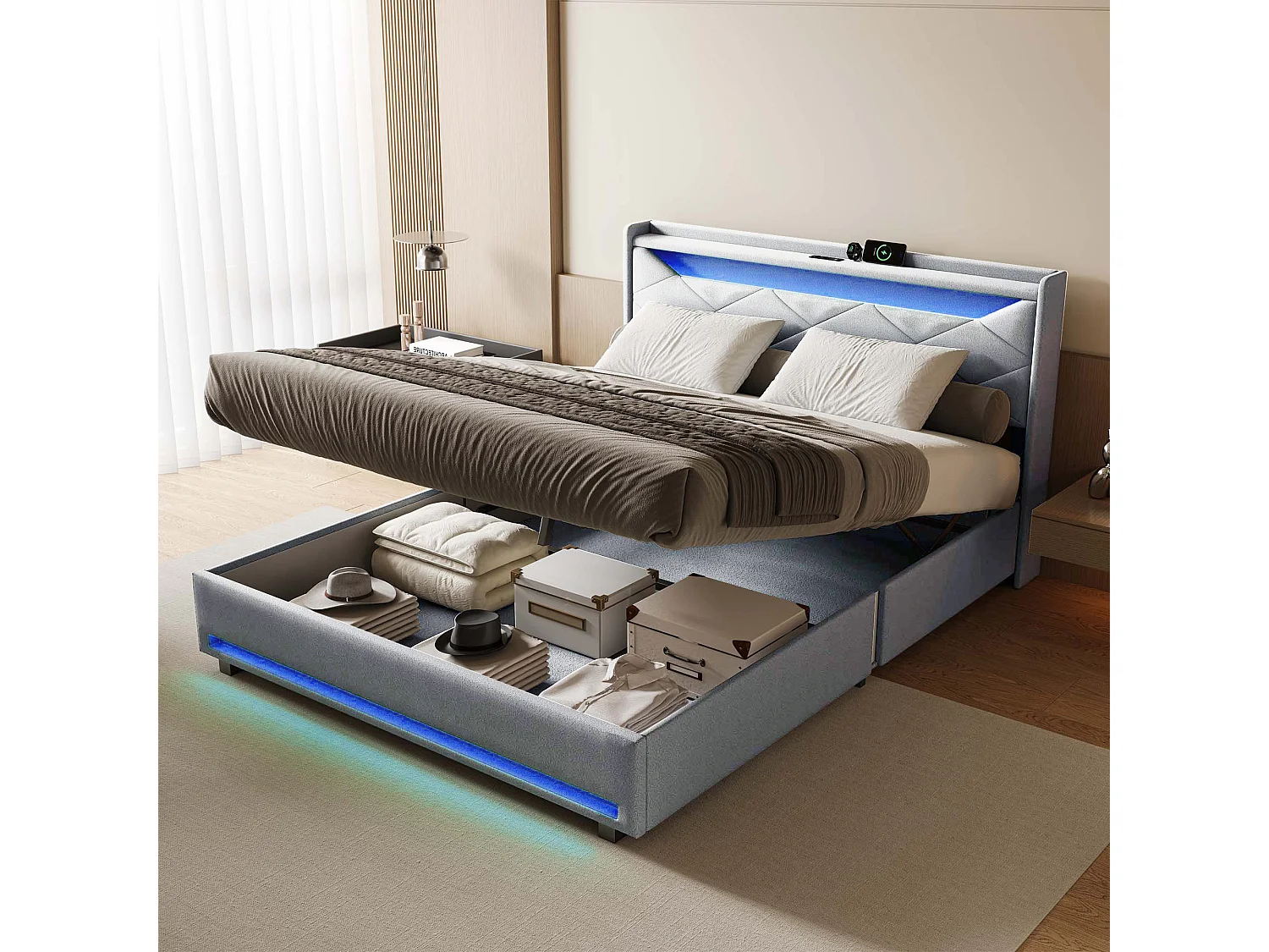 Lit coffre 140x190 avec LED - lit 140x190 avec port USB et Type C - cadre de lit adulte 140x190 cm avec sommier à lattes - tissu en lin - gris