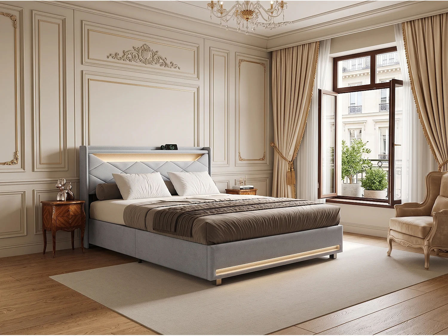 Lit coffre 140 x 190 cm - Lit adulte avec sommier à lattes, LED, ports USB et Type-C - rangement sous le lit - tissu effet lin gris