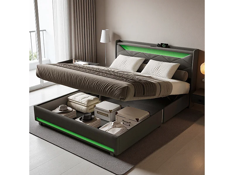 Lit coffre 140x190 avec LED - lit 140x190 avec port USB et Type C - cadre de lit adulte 140x190 cm avec sommier à lattes - tissu en lin - gris