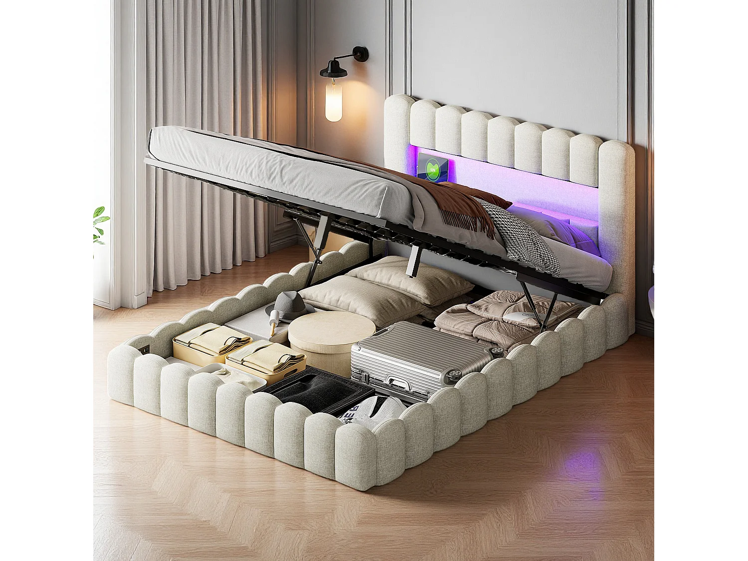 Lit coffre 140x200 cm avec sommier à lattes - cadre de lit adulte 140x200 cm avec LED et USB - tissu en lin - beige
