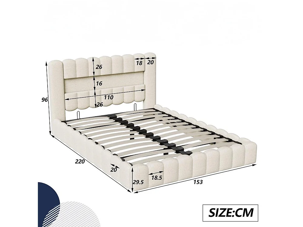 Lit coffre 140x200 cm avec sommier à lattes - cadre de lit adulte 140x200 cm avec LED et USB - tissu en lin - beige