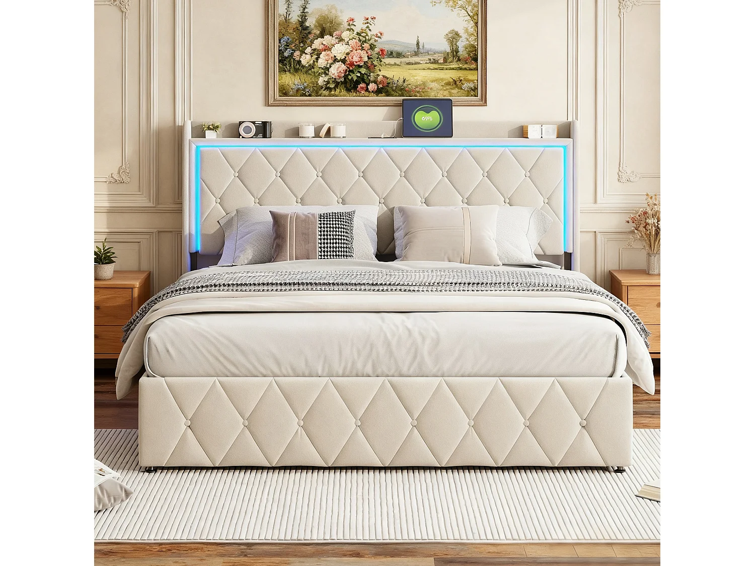 Lit coffre 140x200 cm avec sommier à lattes - lit adulte 140x200 rangement soldes - cadre de lit 140x200 cm avec LED et USB - tissu en velours - beige