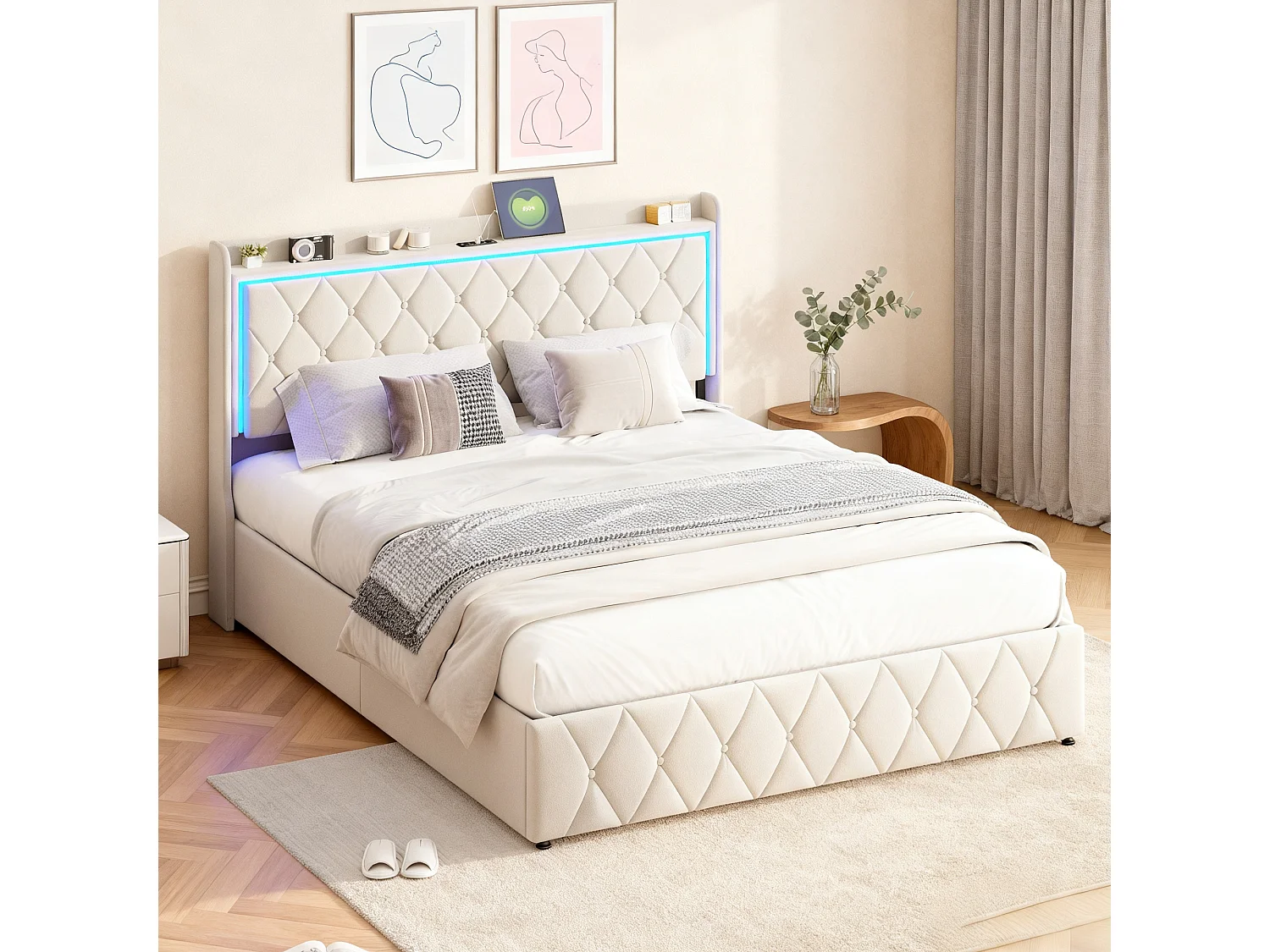 Lit coffre 140x200 cm avec sommier à lattes - lit adulte 140x200 rangement soldes - cadre de lit 140x200 cm avec LED et USB - tissu en velours - beige