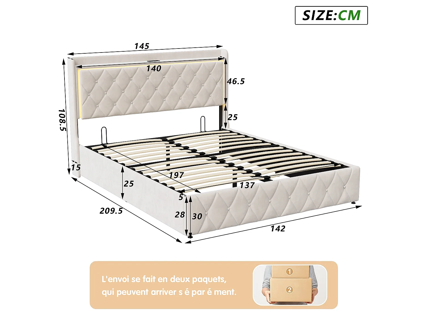 Bed met opbergruimte 140x200 cm met lattenbodem - tweepersoonsbed 140x200 cm met opbergvak - bedframe 140x200 cm met led-verlichting en USB - fluwelen stof - beige