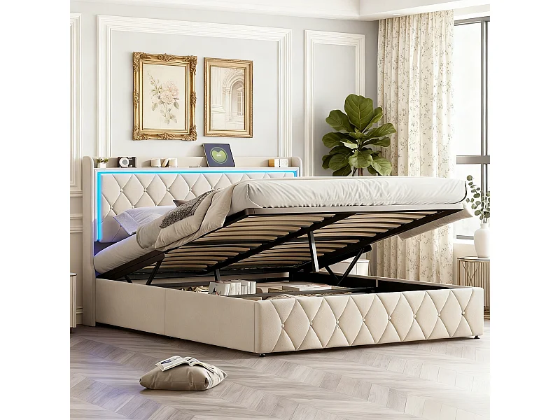 Lit coffre 140x200 cm avec sommier à lattes - lit adulte 140x200 rangement soldes - cadre de lit 140x200 cm avec LED et USB - tissu en velours - beige