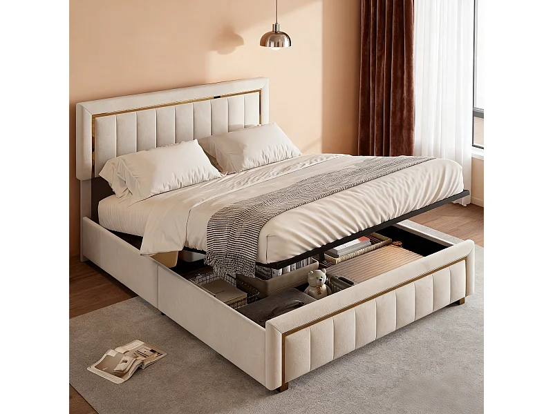 Lit lignes verticales 140x200 cm avec sommier à lattes - Lit double 140x200 coffre rangement soldes - cadre de lit 140x200 cm - tissu en velours - blanc cassé