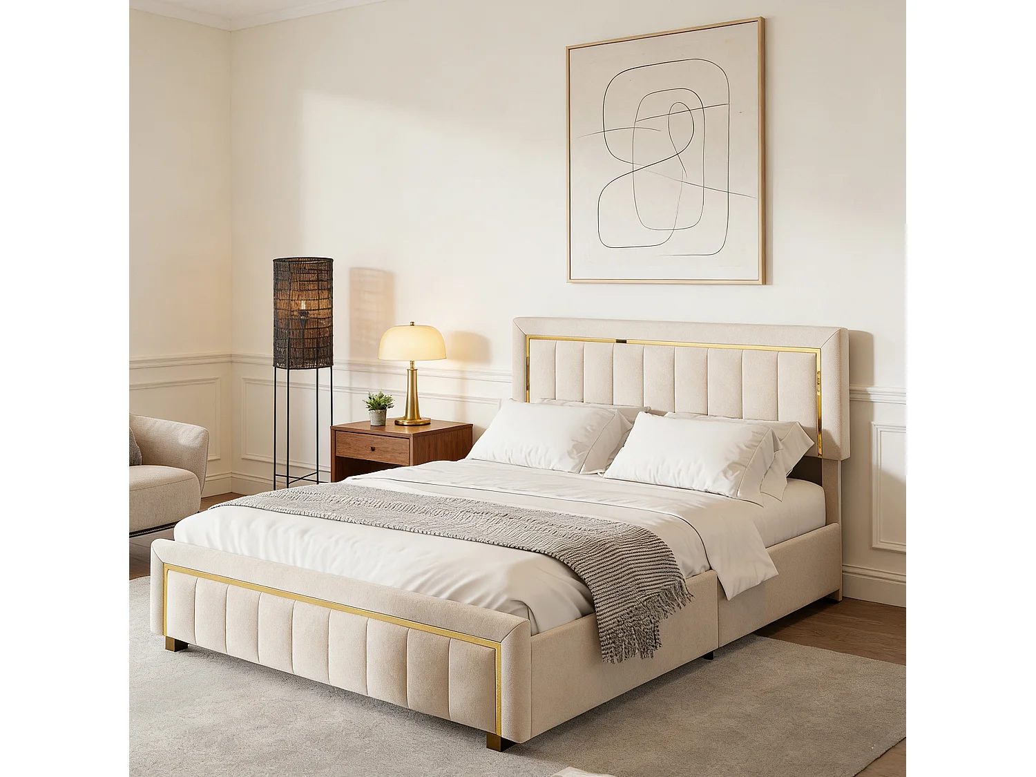 Lit adulte 140x200 cm avec sommier à lattes - Lit double 140x200 coffre rangement soldes - lit lignes verticales 140x200 cm - tissu en velours - blanc cassé