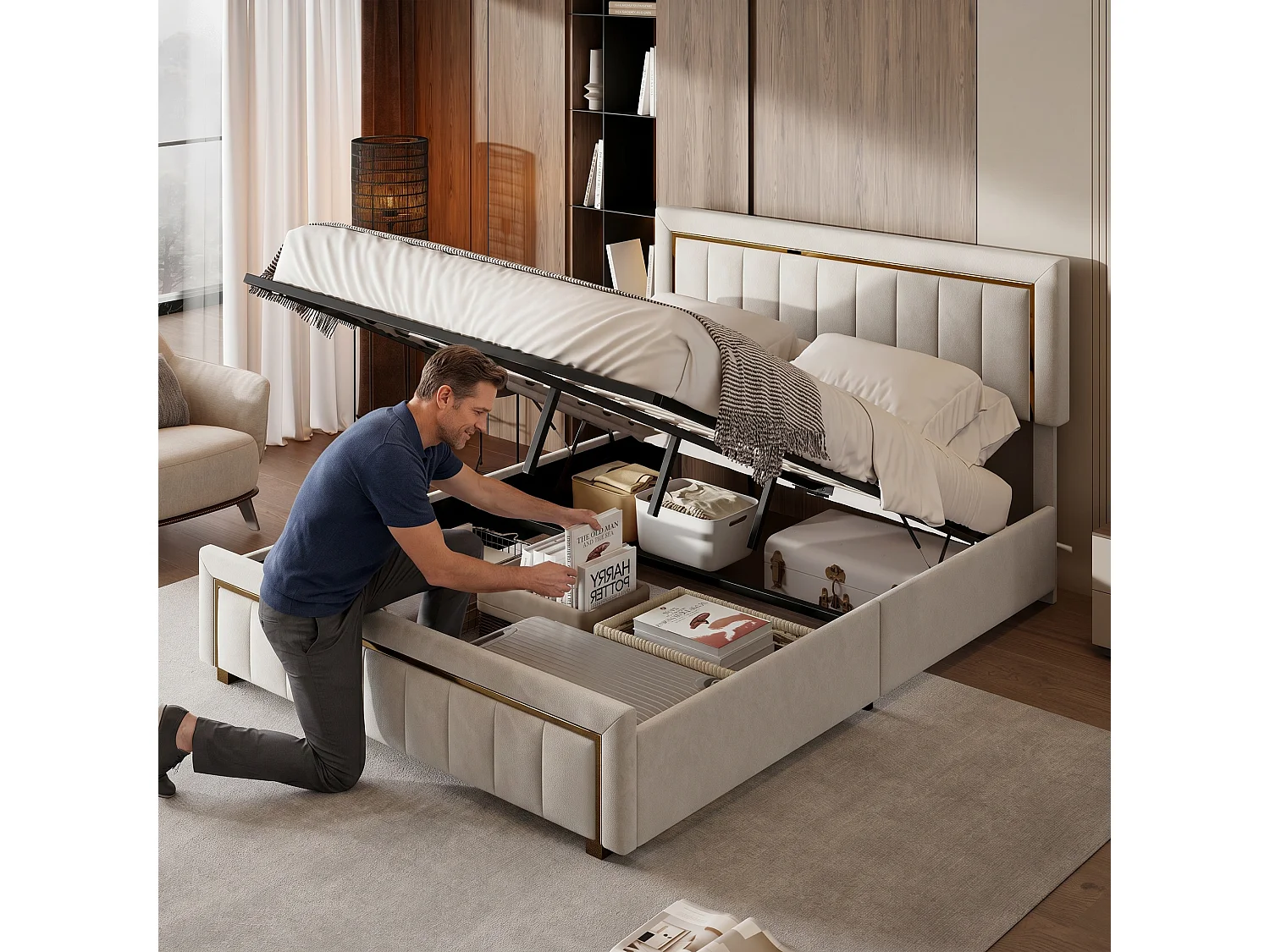 Lit coffre double 140x200 cm avec sommier à lattes et grand espace de rangement, revêtement en velours blanc cassé, style scandinave