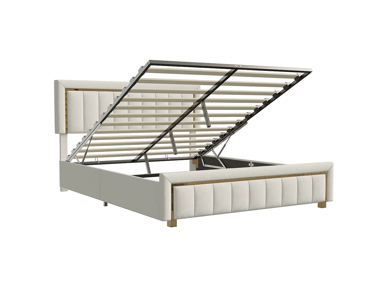 Lit coffre double 140x200 cm avec sommier à lattes et grand espace de rangement, revêtement en velours blanc cassé, style scandinave