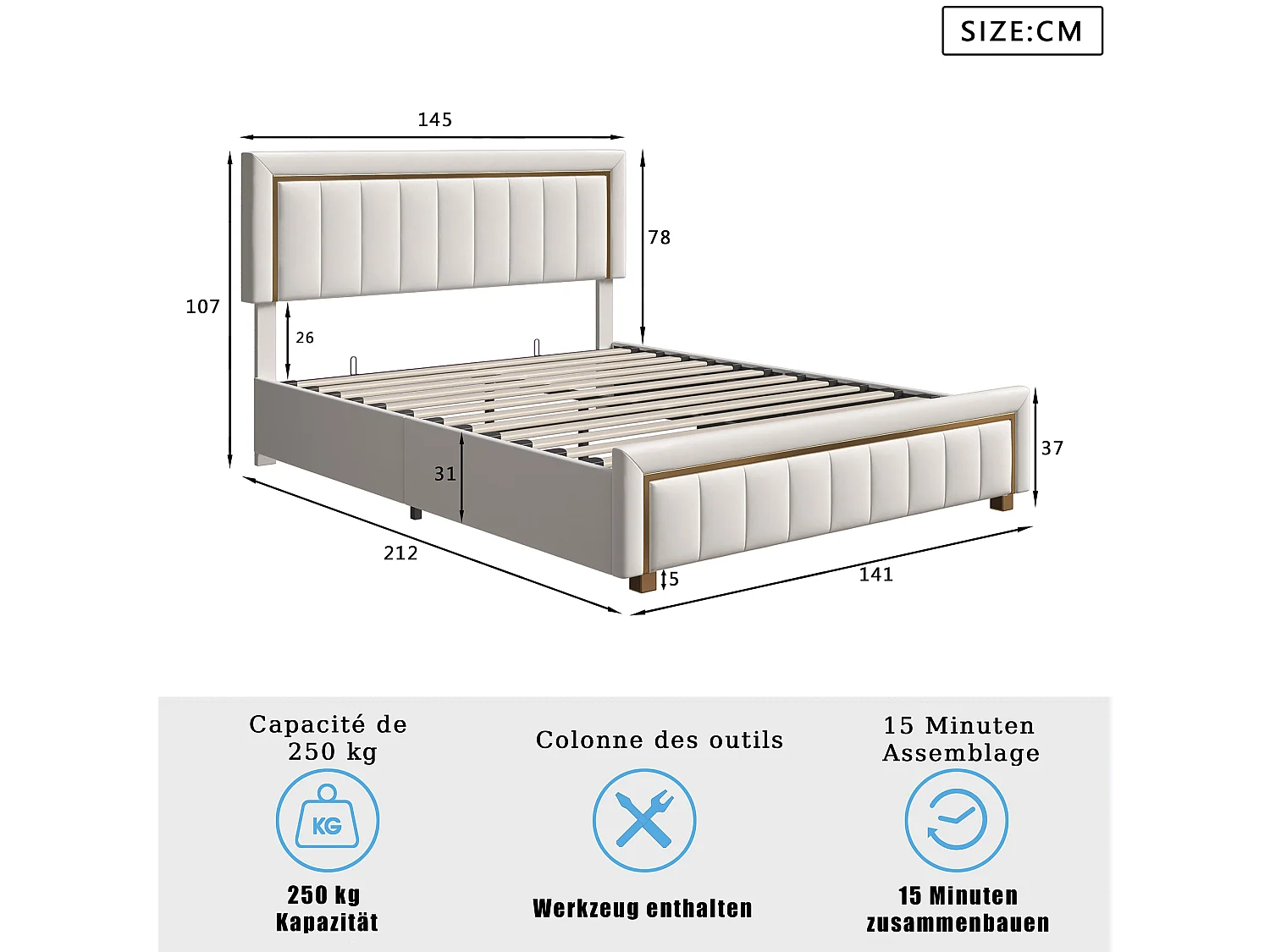 Lit coffre double 140x200 cm avec sommier à lattes et grand espace de rangement, revêtement en velours blanc cassé, style scandinave