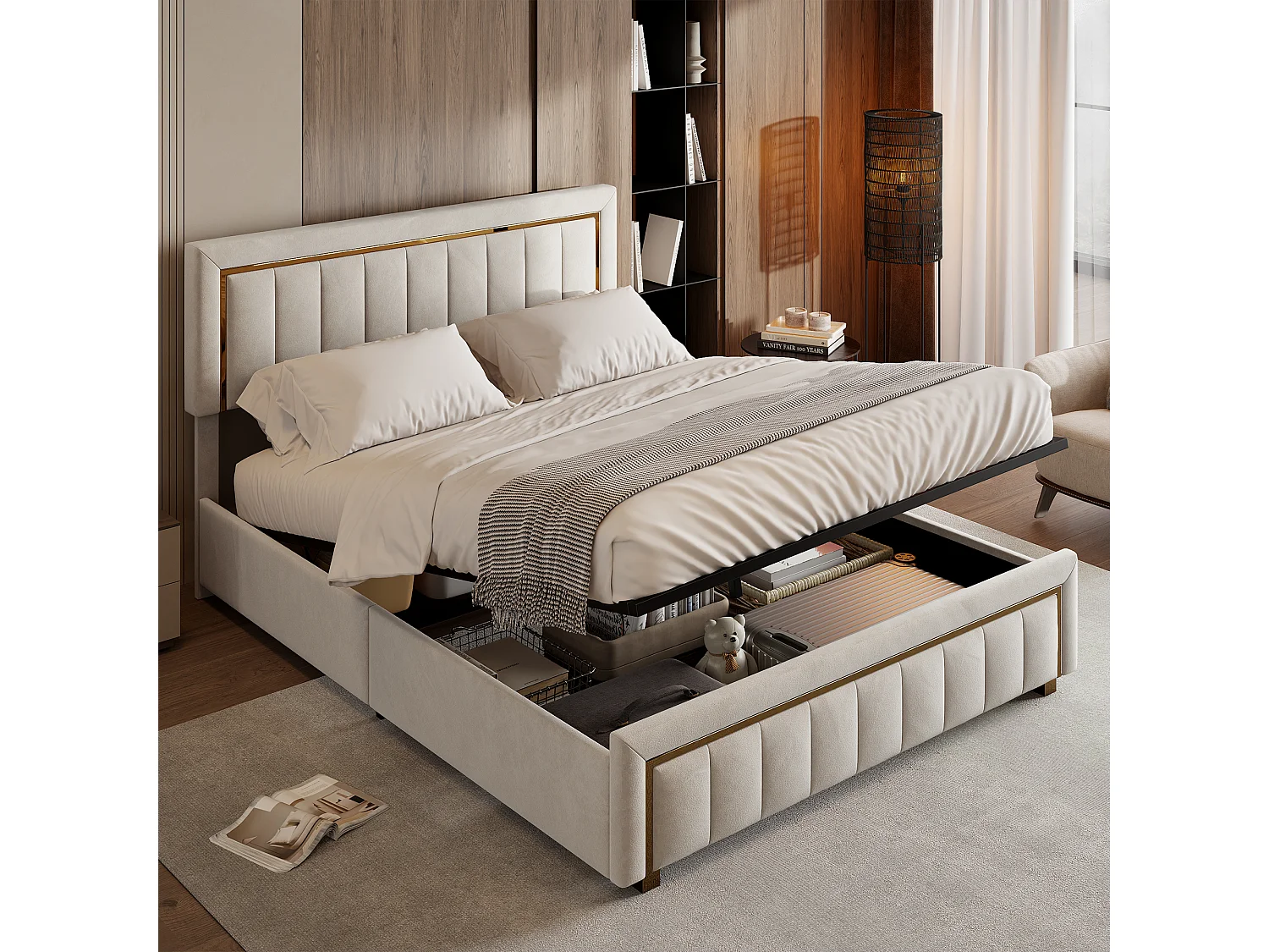 Lit coffre double 140 x 200 cm en velours écru, tête et pied de lit à lignes verticales avec liseré doré, sommier à lattes
