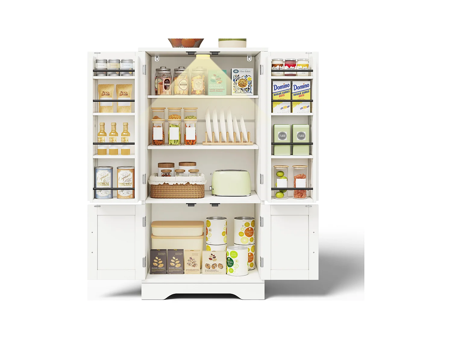 Buffet de cuisine 60x40x120cm - avec capteur de lumière LED - avec 4 portes - avec étagères - Blanc