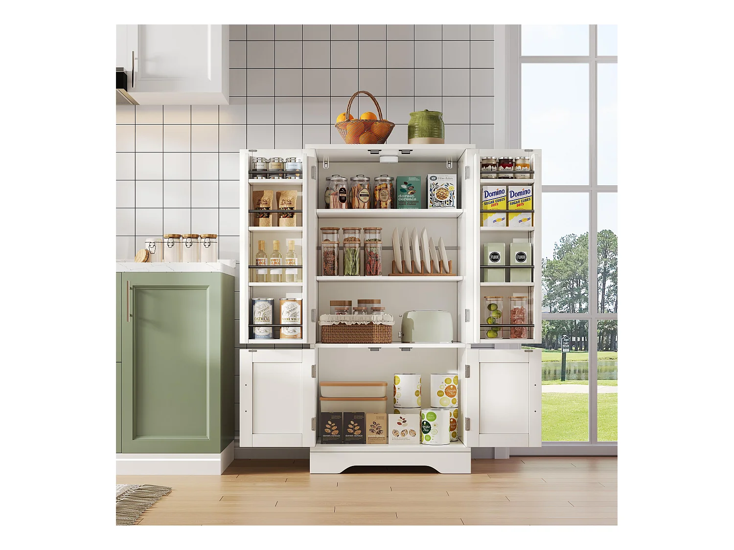 Buffet de cuisine 60x40x120cm - avec capteur de lumière LED - avec 4 portes - avec étagères - Blanc