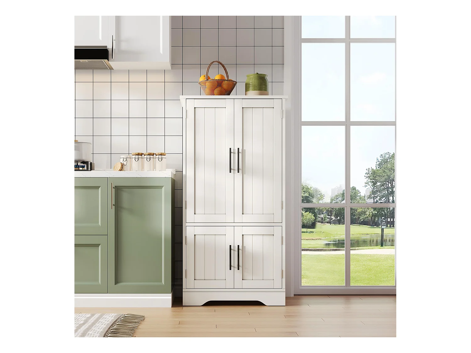 Buffet de cuisine 60x40x120cm - avec capteur de lumière LED - avec 4 portes - avec étagères - Blanc