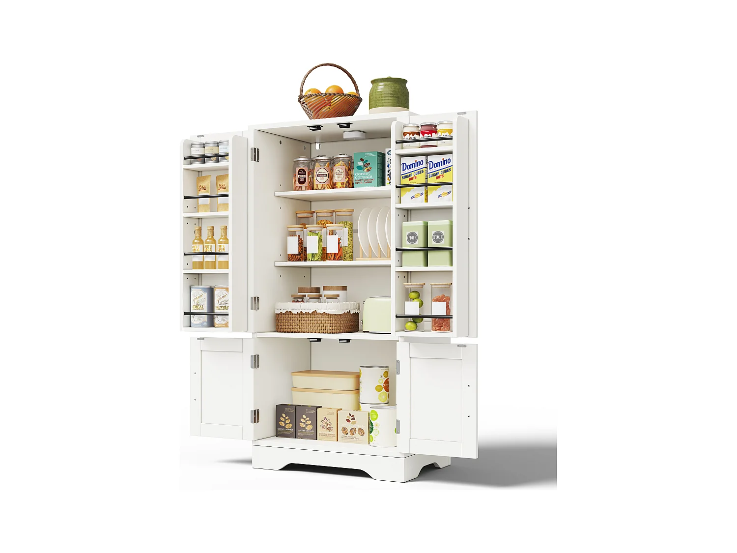 Buffet de cuisine 60x40x120cm - avec capteur de lumière LED - avec 4 portes - avec étagères - Blanc