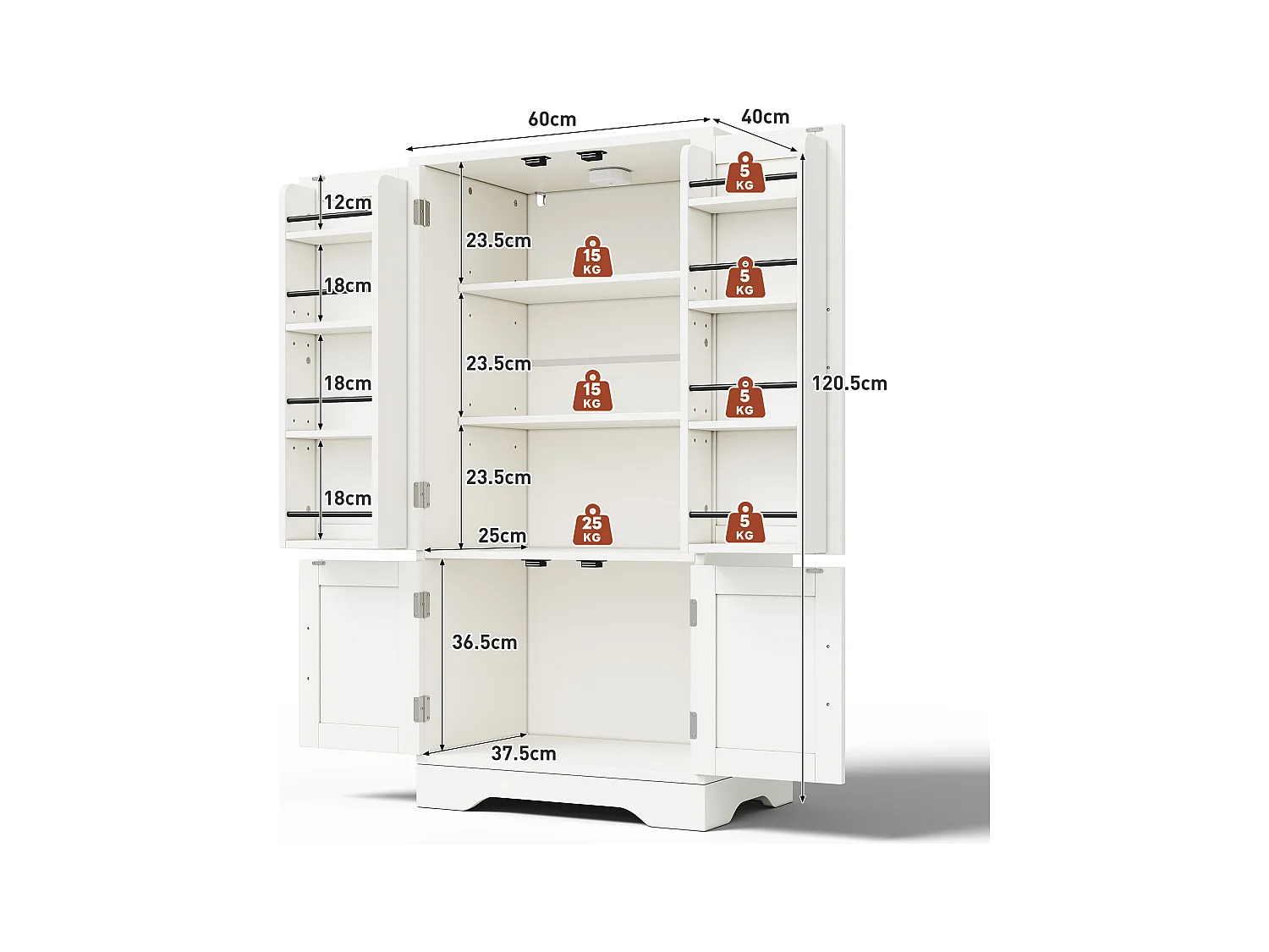 Buffet de cuisine 60x40x120cm - avec capteur de lumière LED - avec 4 portes - avec étagères - Blanc