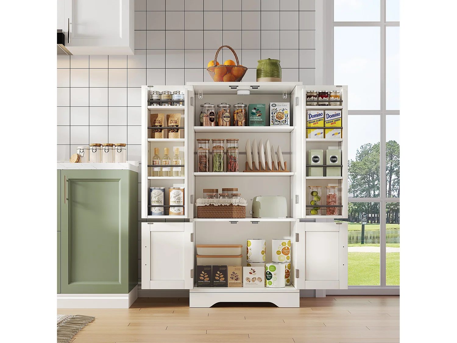 Credenza da cucina 60x40x120 cm - con sensore di luce LED - con 4 ante - con ripiani - Bianco