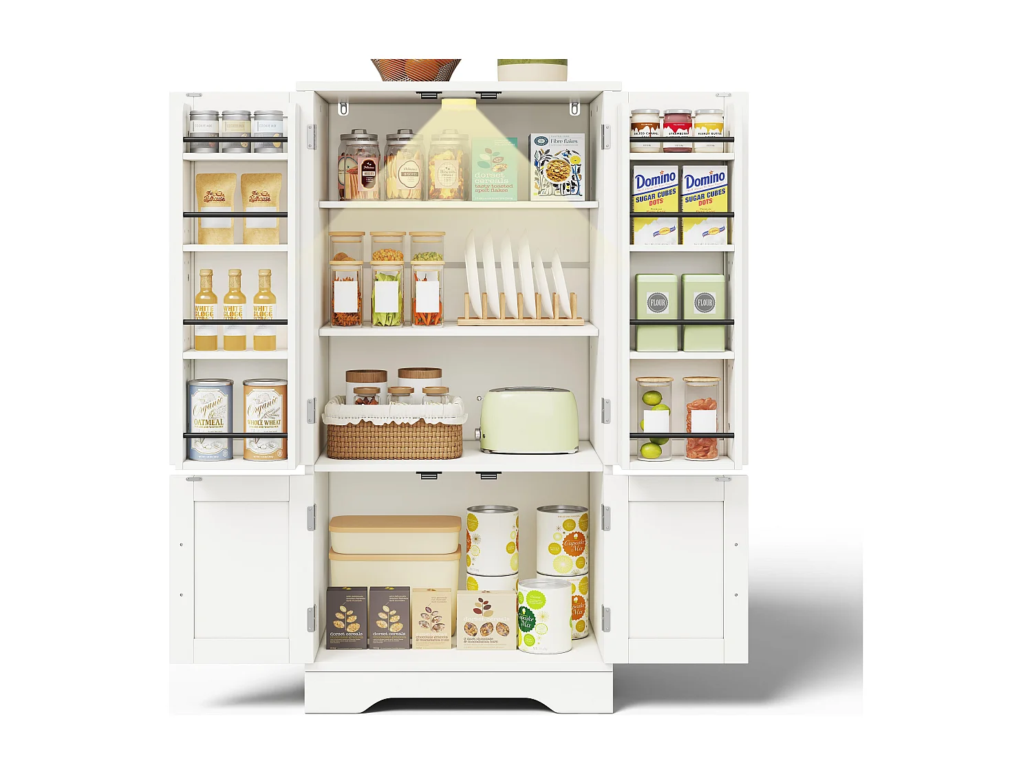 Buffet de cuisine 60x40x120cm - avec capteur de lumière LED - avec 4 portes - avec étagères - Blanc