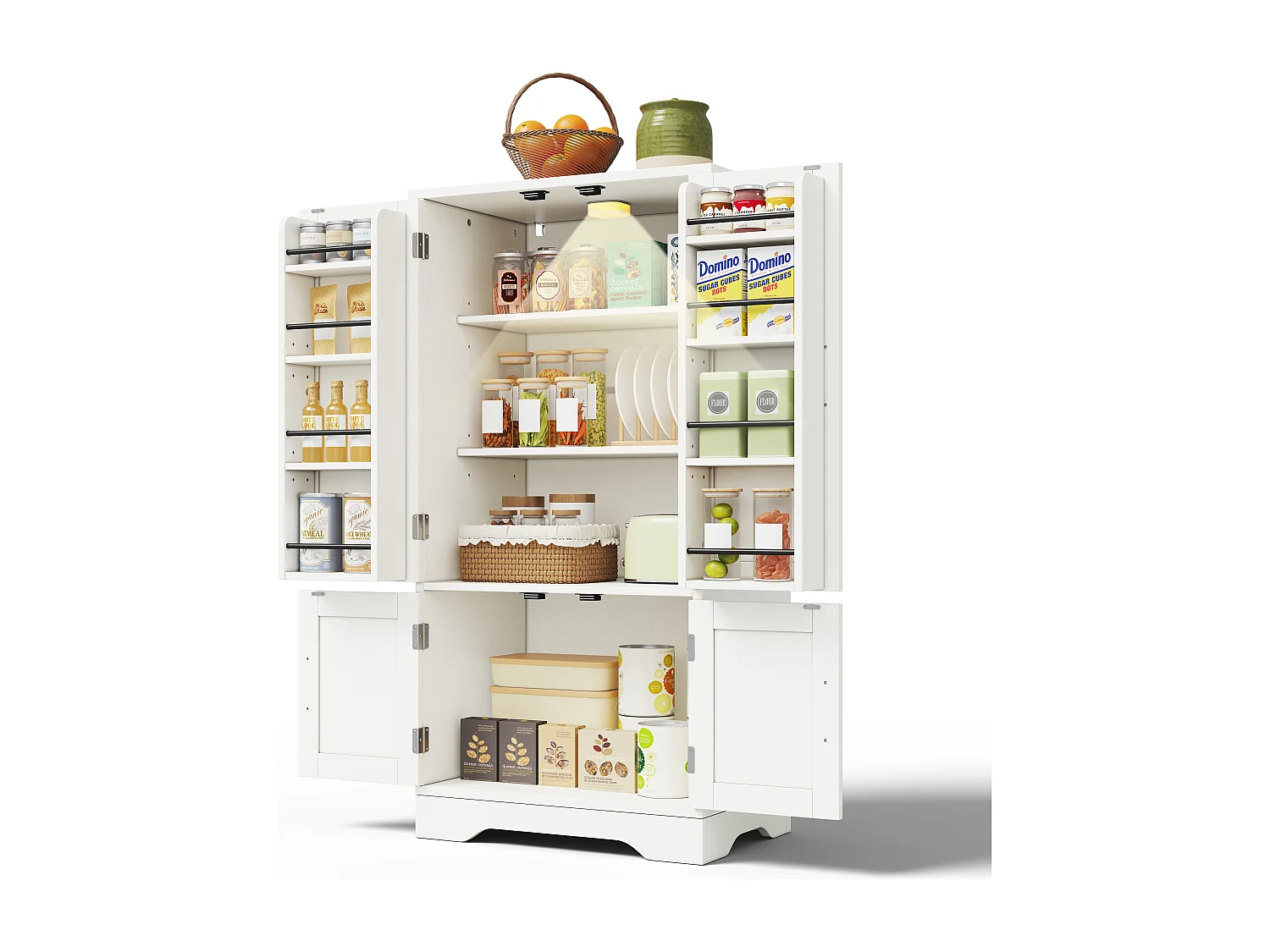 Buffet de cuisine 60x40x120cm - avec capteur de lumière LED - avec 4 portes - avec étagères - Blanc