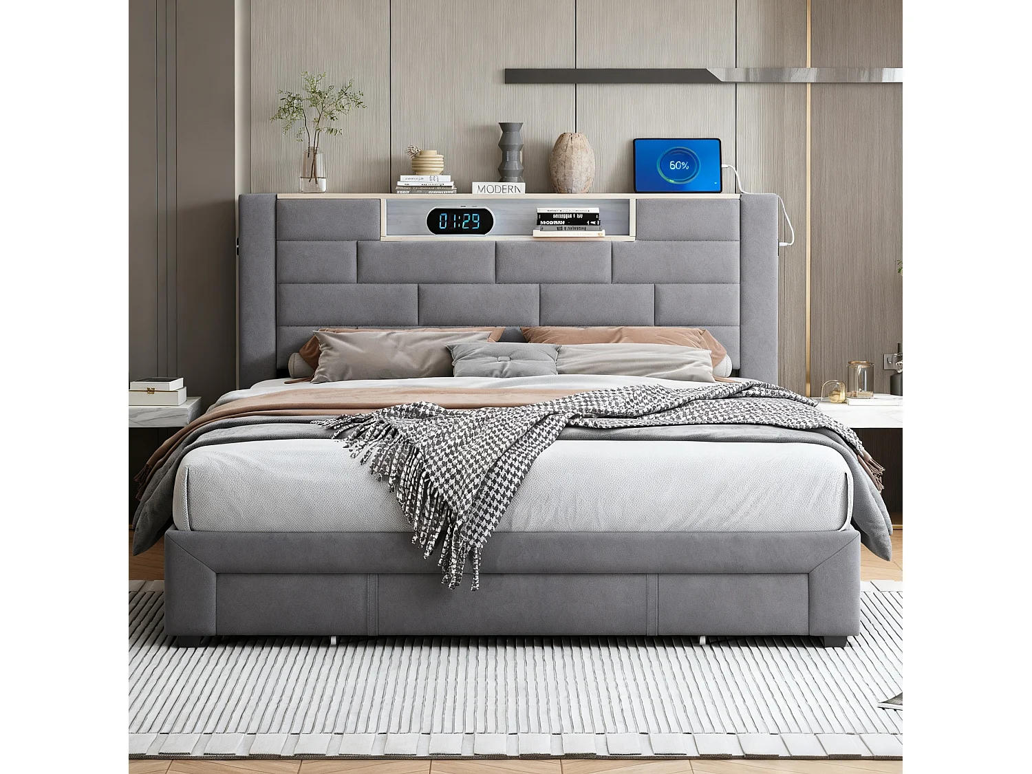 Lit 160x200 cm avec sommier à lattes - NEXU  lit double 160x200 cm avec rangement en tête de lit - LED - USB - lit tiroir 160 x 200 cm - tissu en velours - gris