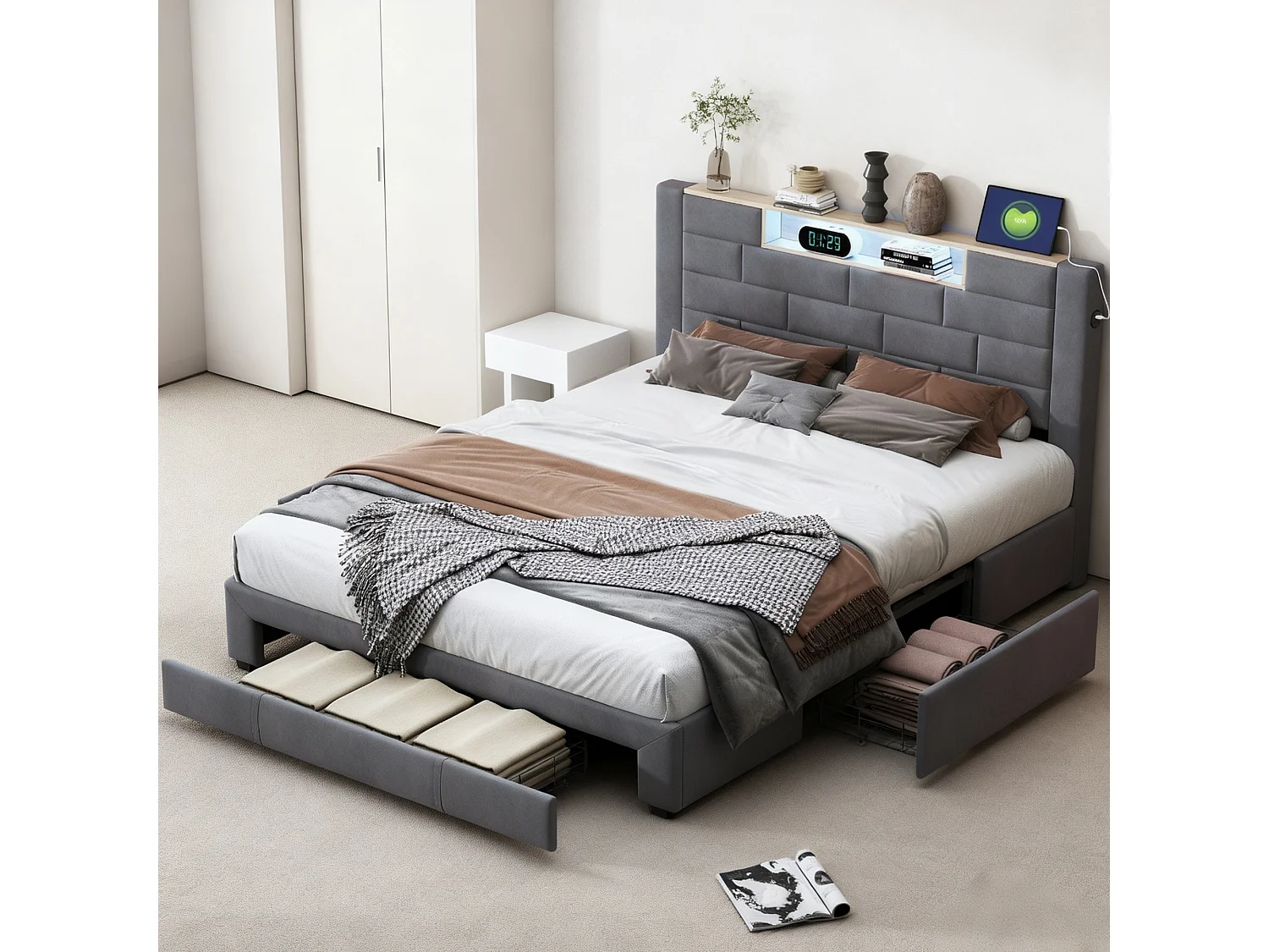 Lit 160x200 cm avec sommier à lattes - NEXU  lit double 160x200 cm avec rangement en tête de lit - LED - USB - lit tiroir 160 x 200 cm - tissu en velours - gris